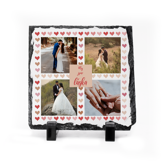 Foto kámen z jednoho kusu přírodní štípané břidlice s Vaším vlastním potiskem, který si navrhnete v našem konfigurátoru, plastové stojánky, rozměry 15x15 cm nebo 20x20 cm