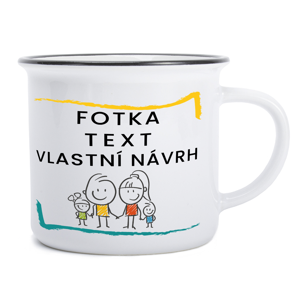 keramický hrnek bílý s černým lemem imitující klasický smaltovaný plecháček s vlastním návrhem, vložení textu, fotky, objem 300 ml