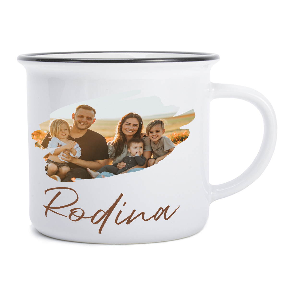 keramický hrnek bílý s černým lemem imitující klasický smaltovaný plecháček s vlastním návrhem, vložení textu, fotky, objem 300 ml