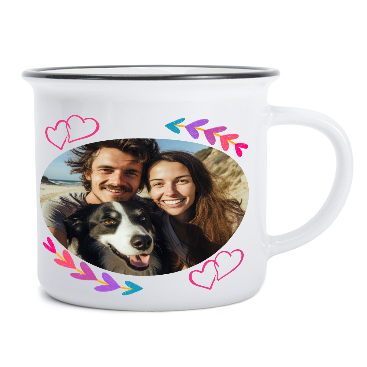 keramický hrnek bílý s černým lemem imitující klasický smaltovaný plecháček s vlastním návrhem, vložení textu, fotky, objem 300 ml