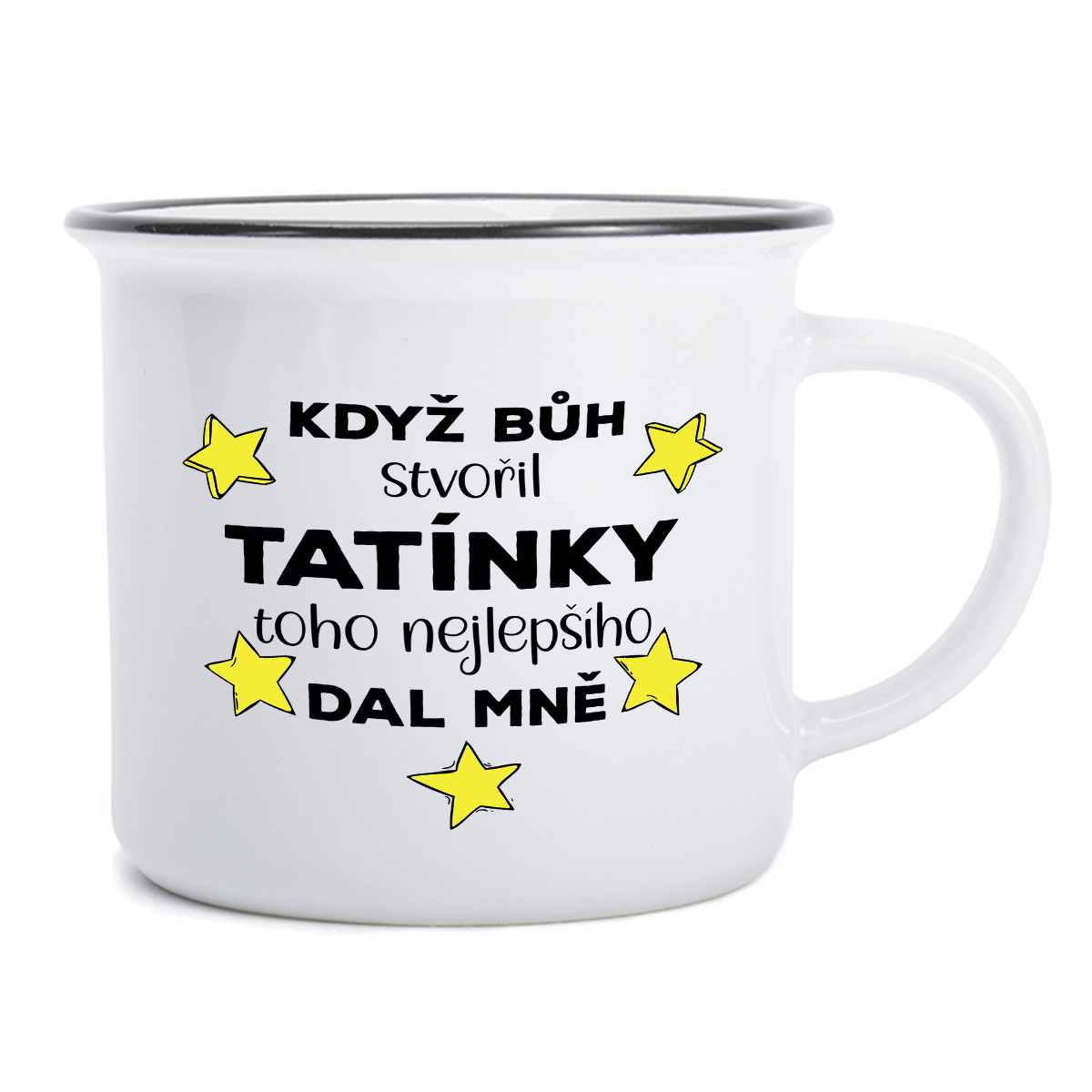 keramický hrnek bílý s černým lemem imitující klasický smaltovaný plecháček s vlastním návrhem, vložení textu, fotky, objem 300 ml