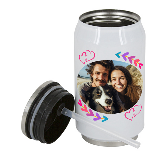 nerezová dvouplášťová termoláhev z potravinářské oceli s vlastním potiskem, textem, fotkou, šroubovací uzávěr se sklopným pítkem tvar plechovky cola objem 500 ml