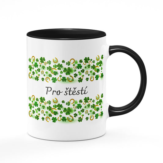 Keramický hrnek bílý s černým lemem vnitřkem a uchem motiv Pro štěstí