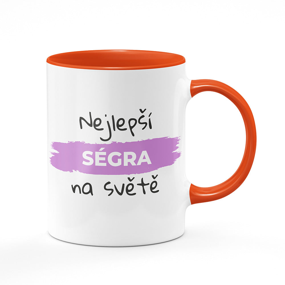 Keramický hrnek bílý s oranžovým lemem vnitřkem a uchem motiv Nejlepší ségra na světě