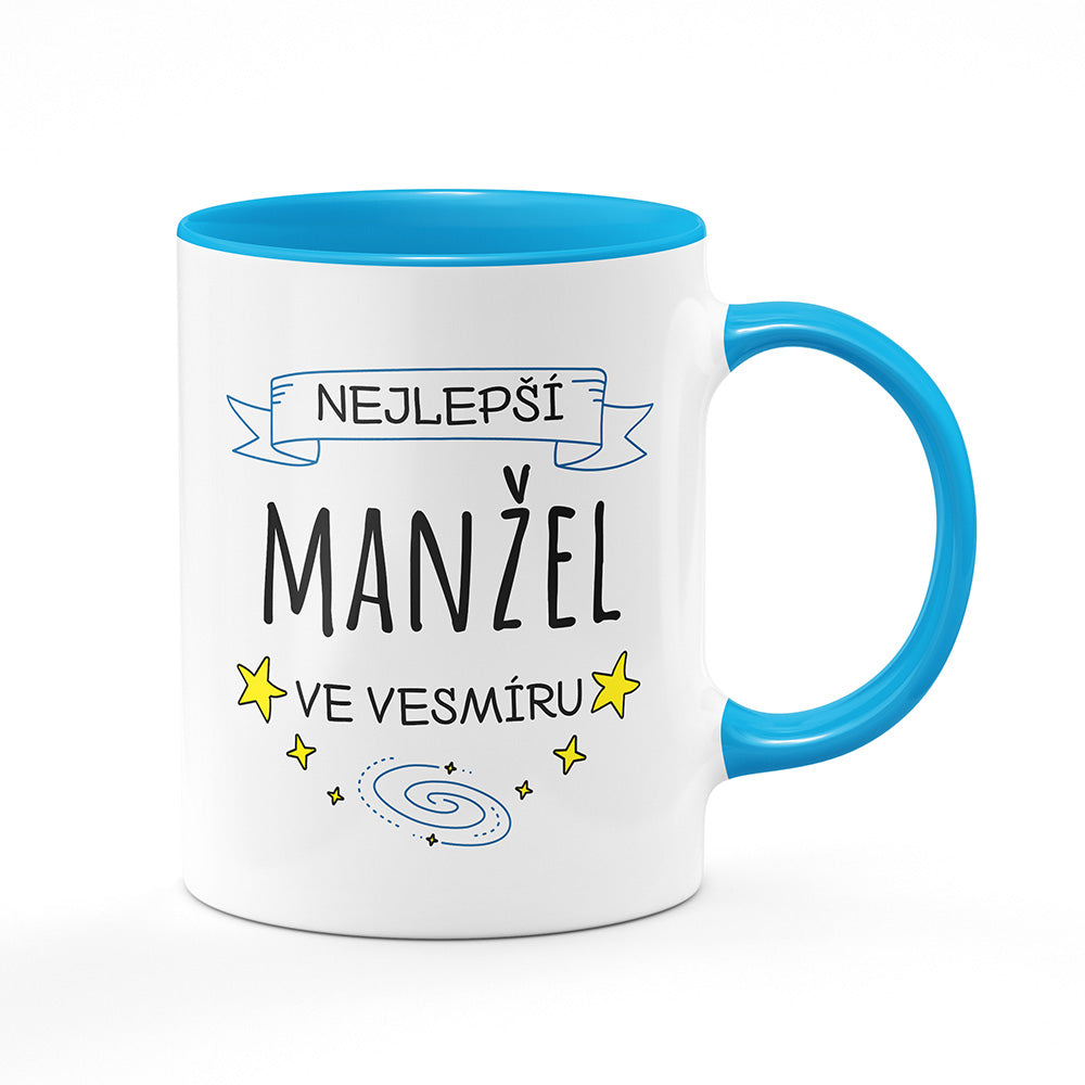 Keramický hrnek bílý s světle modrým lemem vnitřkem a uchem motiv Nejlepší manžel ve vesmíru