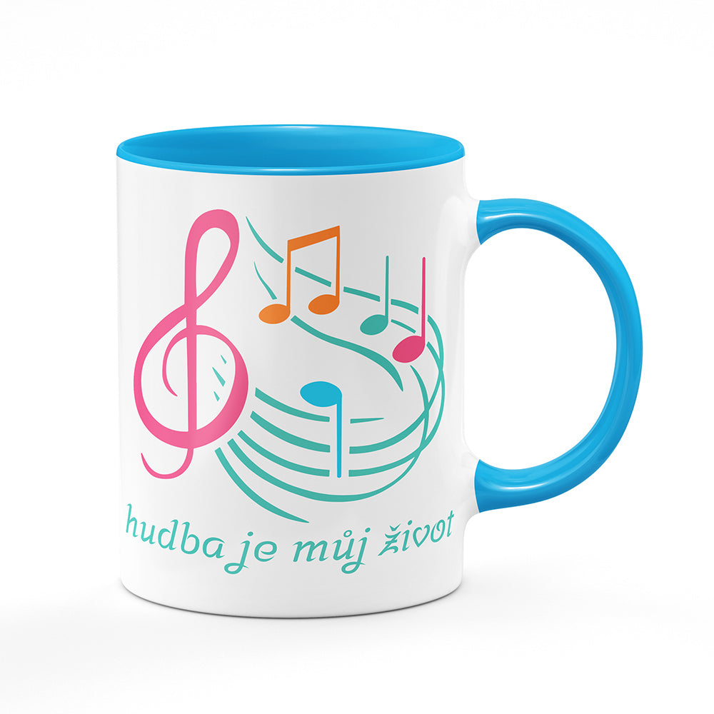 Keramický hrnek bílý s světle modrým lemem vnitřkem a uchem motiv Hudba je můj život