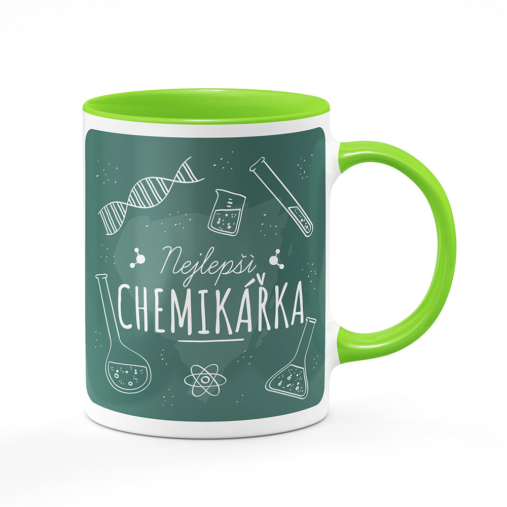 Keramický hrnek bílý s světle zeleným lemem vnitřkem a uchem motiv Nejlepší chemikářka