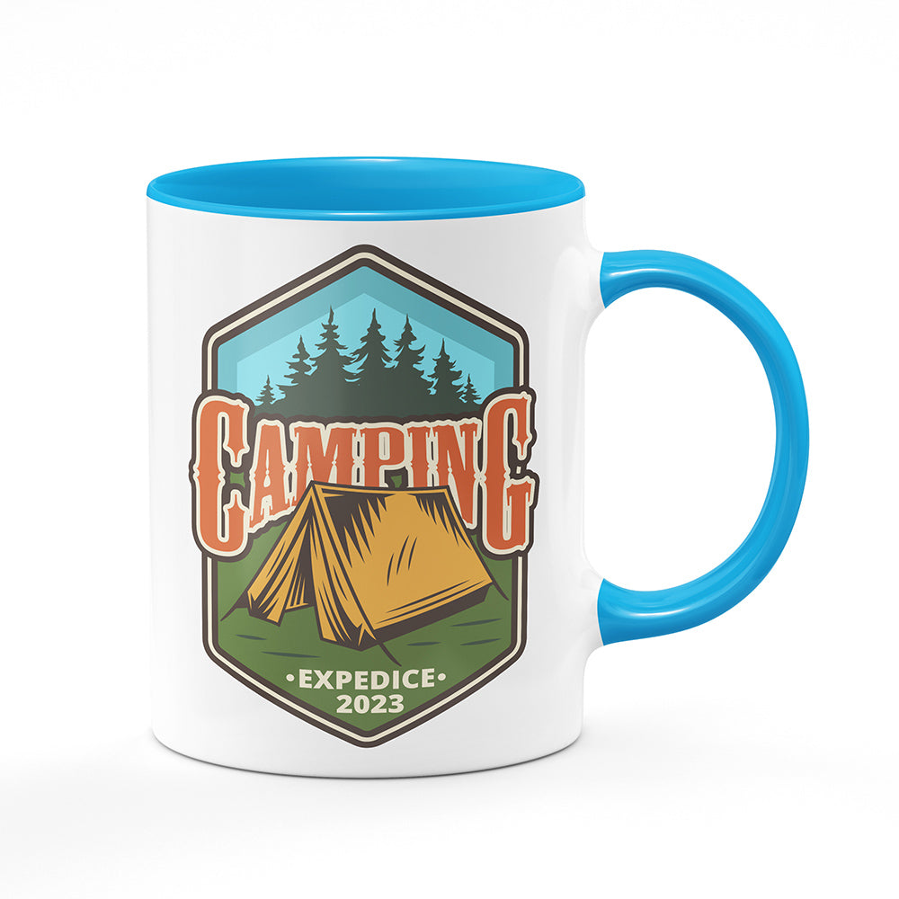 Keramický hrnek bílý s světle modrým lemem vnitřkem a uchem motiv Camping