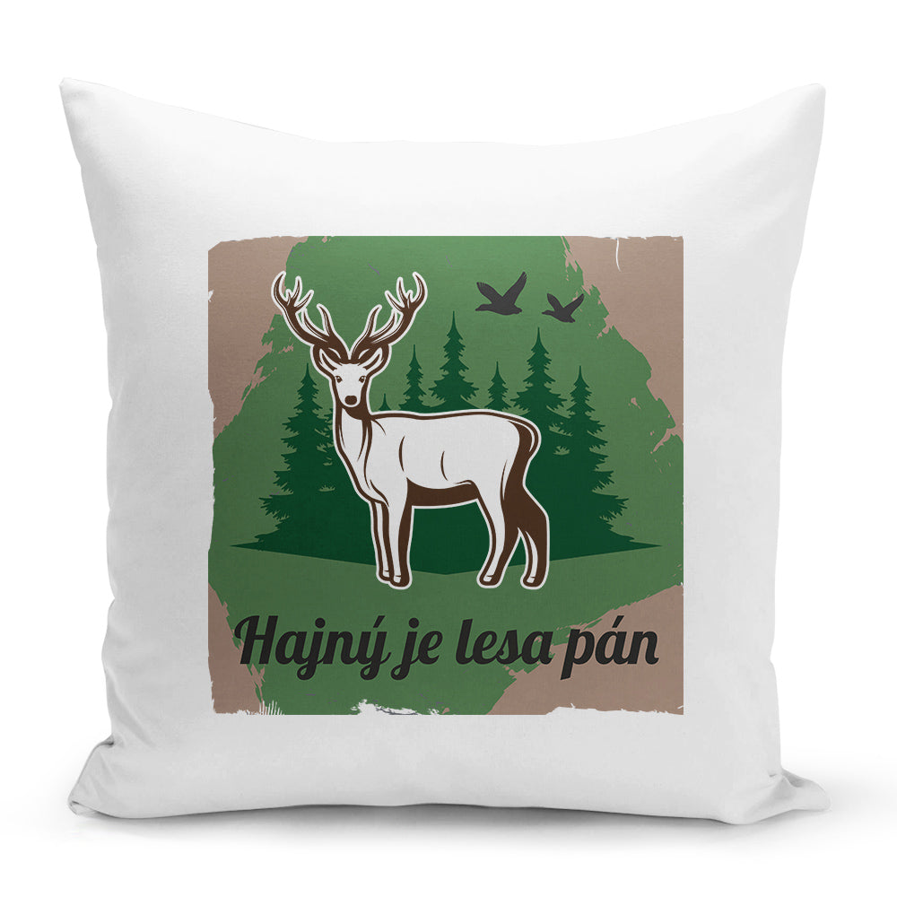Bílý polštář 40 x 40 cm s motivem Hajný je lesa pán