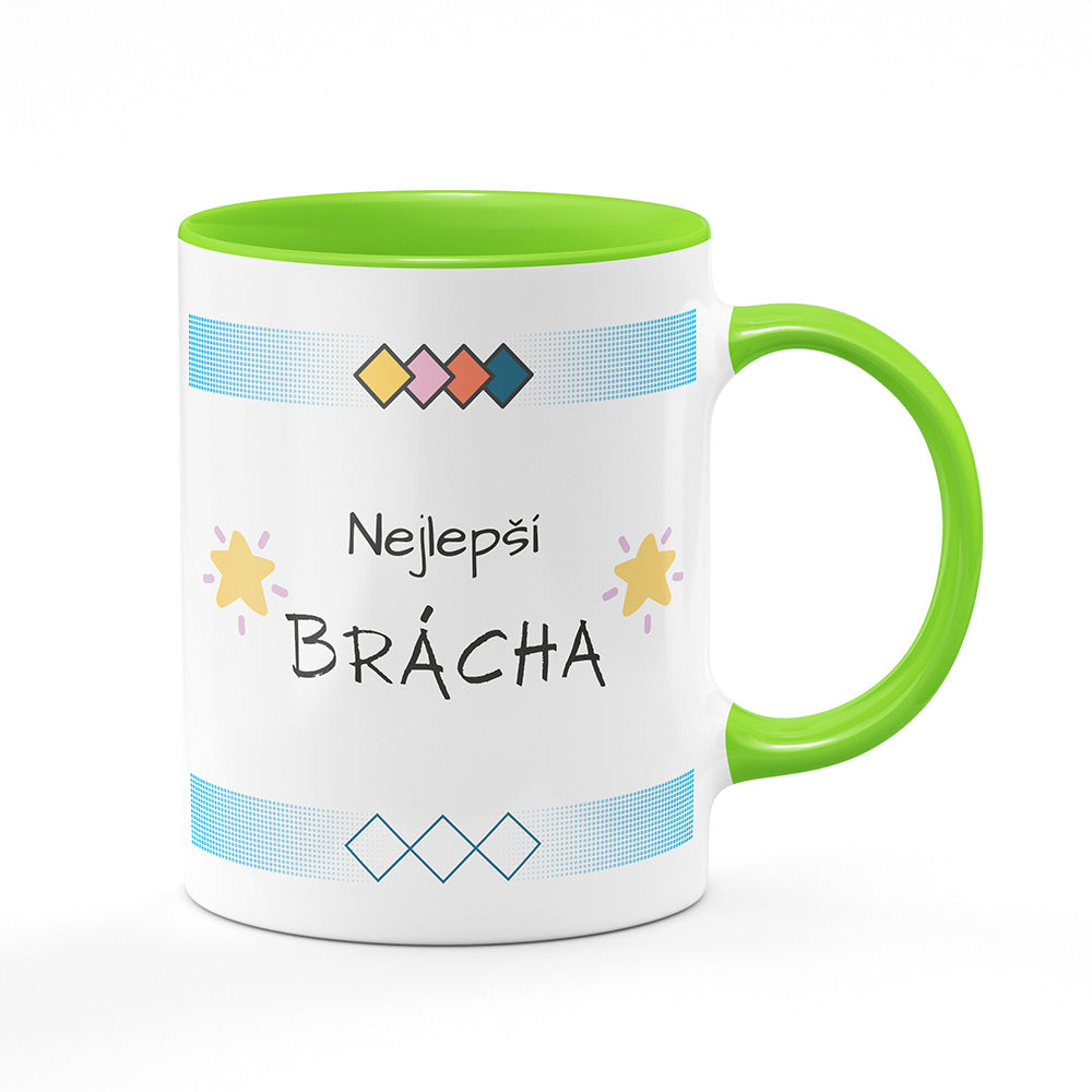 Keramický hrnek bílý s světle zeleným lemem vnitřkem a uchem motiv Nejlepší brácha