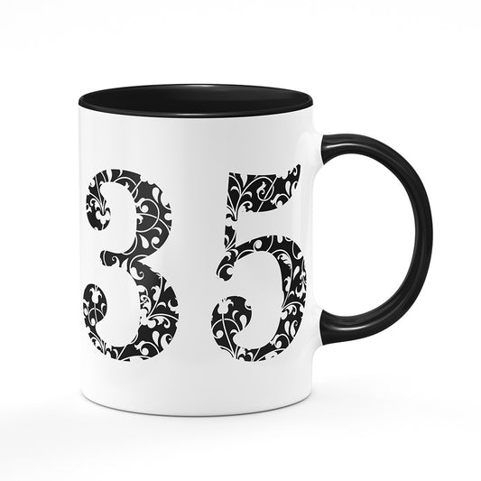 Keramický hrnek bílý s černým lemem vnitřkem a uchem motiv Věk 35