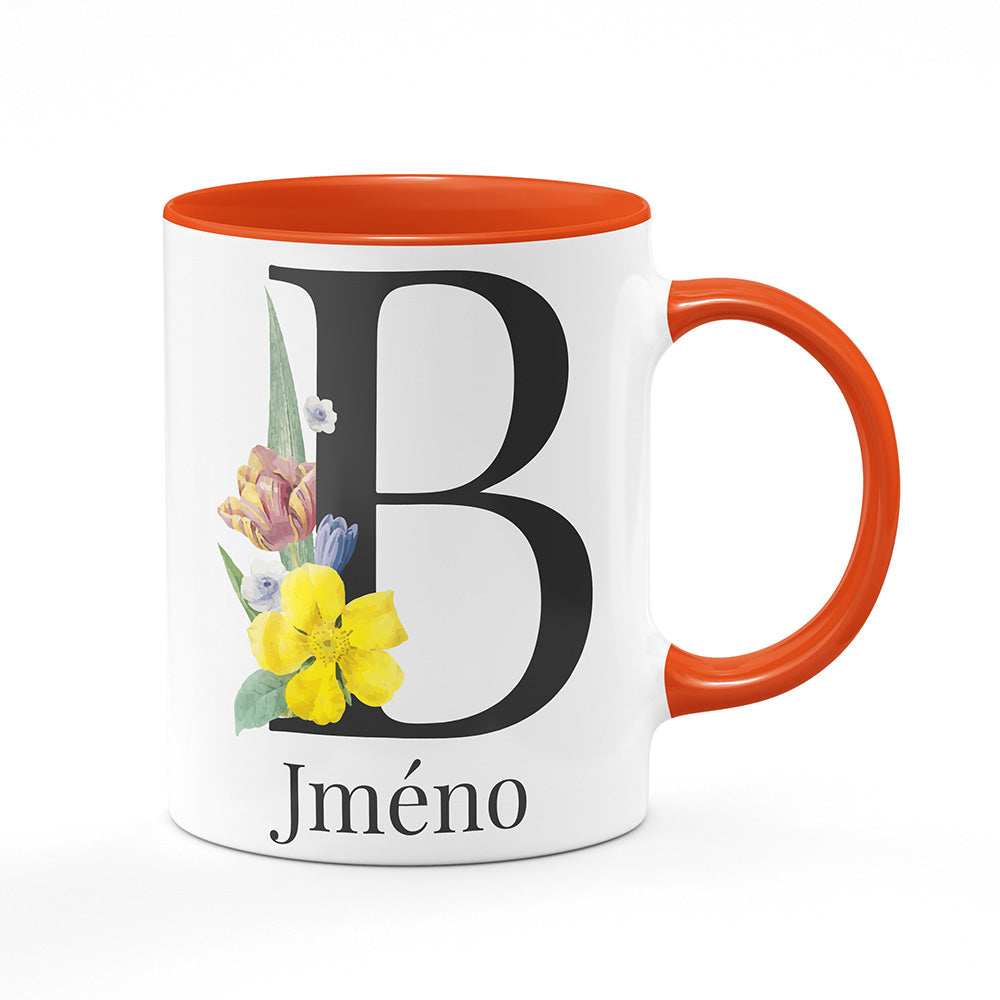 Keramický hrnek bílý s oranžovým lemem vnitřkem a uchem motiv Se jménem B…