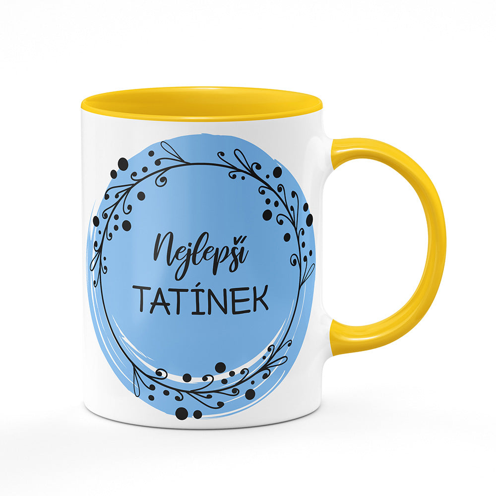 Keramický hrnek bílý s žlutým lemem vnitřkem a uchem motiv Nejlepší tatínek