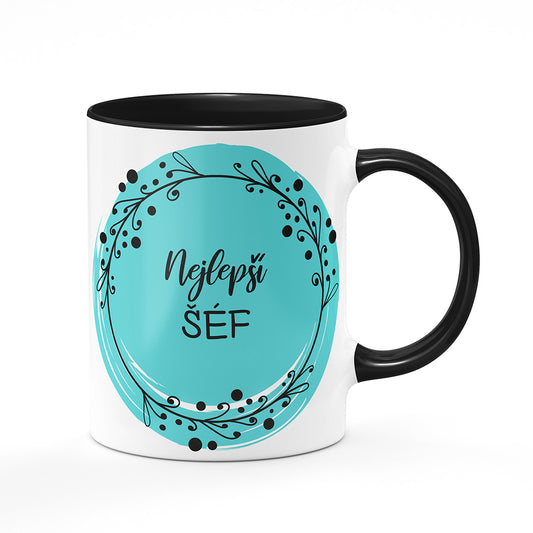 Keramický hrnek bílý s černým lemem vnitřkem a uchem motiv Nejlepší šéf