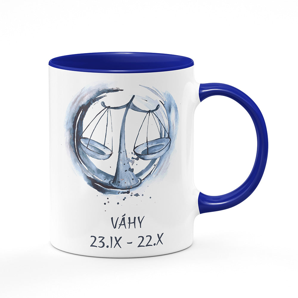 Keramický hrnek bílý s modrým lemem vnitřkem a uchem motiv Váhy