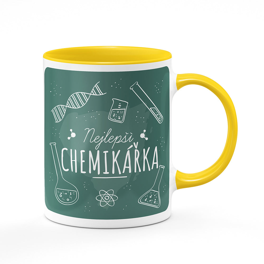 Keramický hrnek bílý s žlutým lemem vnitřkem a uchem motiv Nejlepší chemikářka