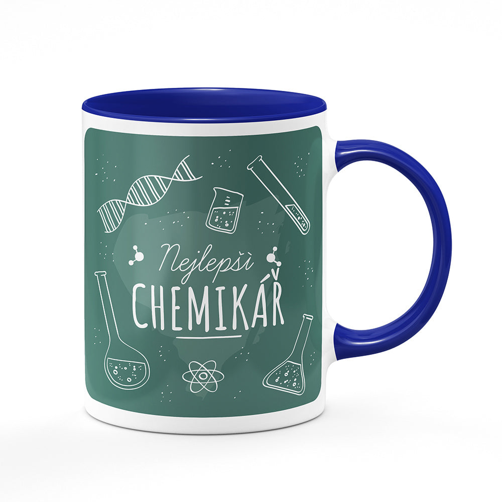 Keramický hrnek bílý s modrým lemem vnitřkem a uchem motiv Nejlepší chemikář