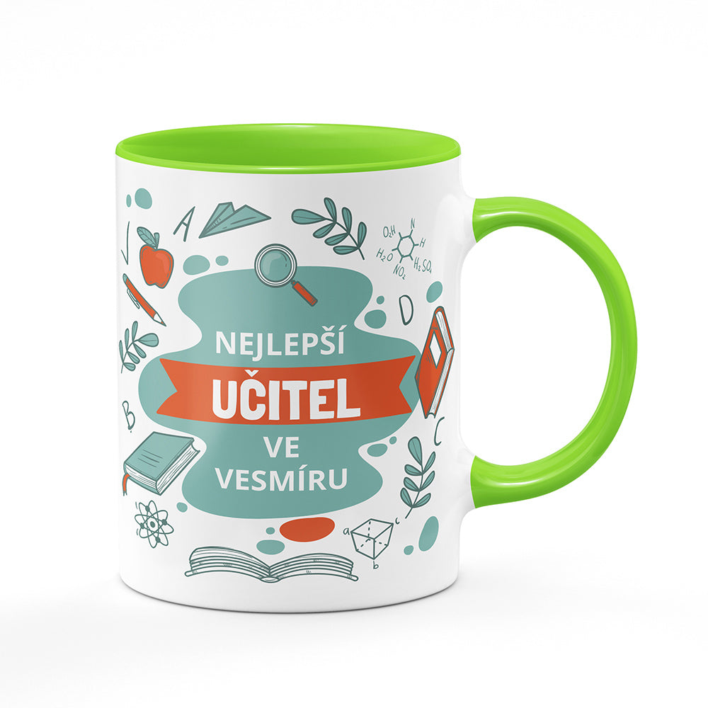 Keramický hrnek bílý s světle zeleným lemem vnitřkem a uchem motiv Nejlepší učitel ve vesmíru