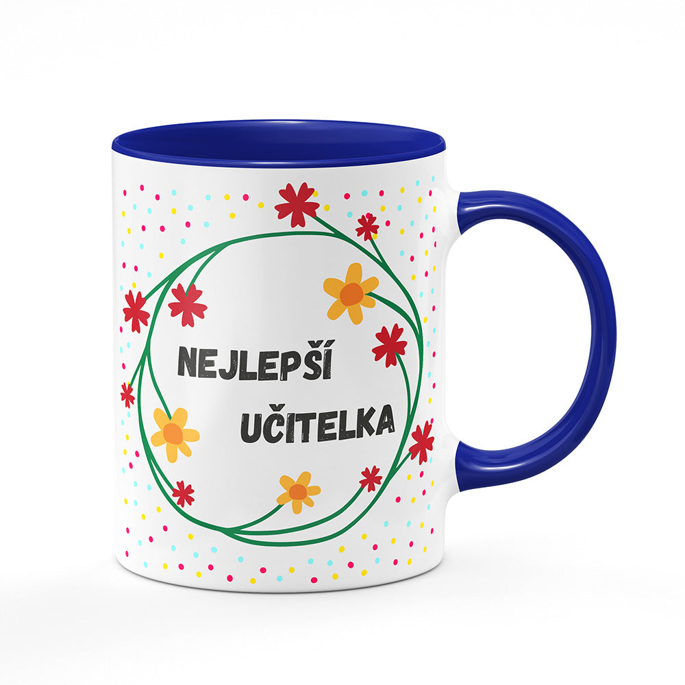Keramický hrnek bílý s modrým lemem vnitřkem a uchem motiv Nejlepší učitelka