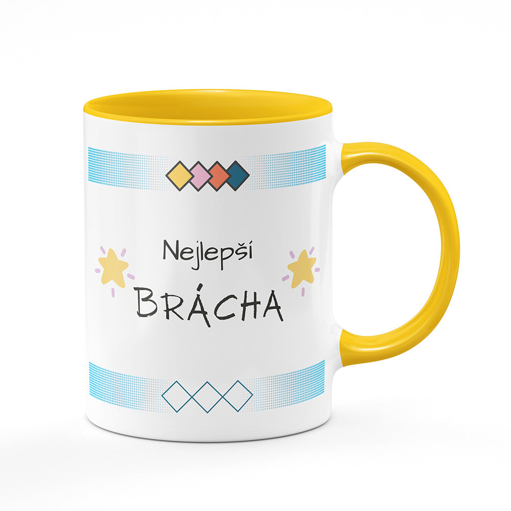 Keramický hrnek bílý s žlutým lemem vnitřkem a uchem motiv Nejlepší brácha
