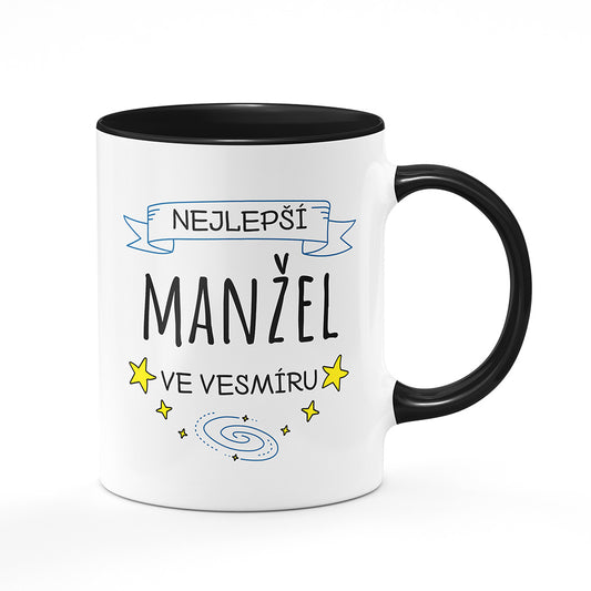 Keramický hrnek bílý s černým lemem vnitřkem a uchem motiv Nejlepší manžel ve vesmíru