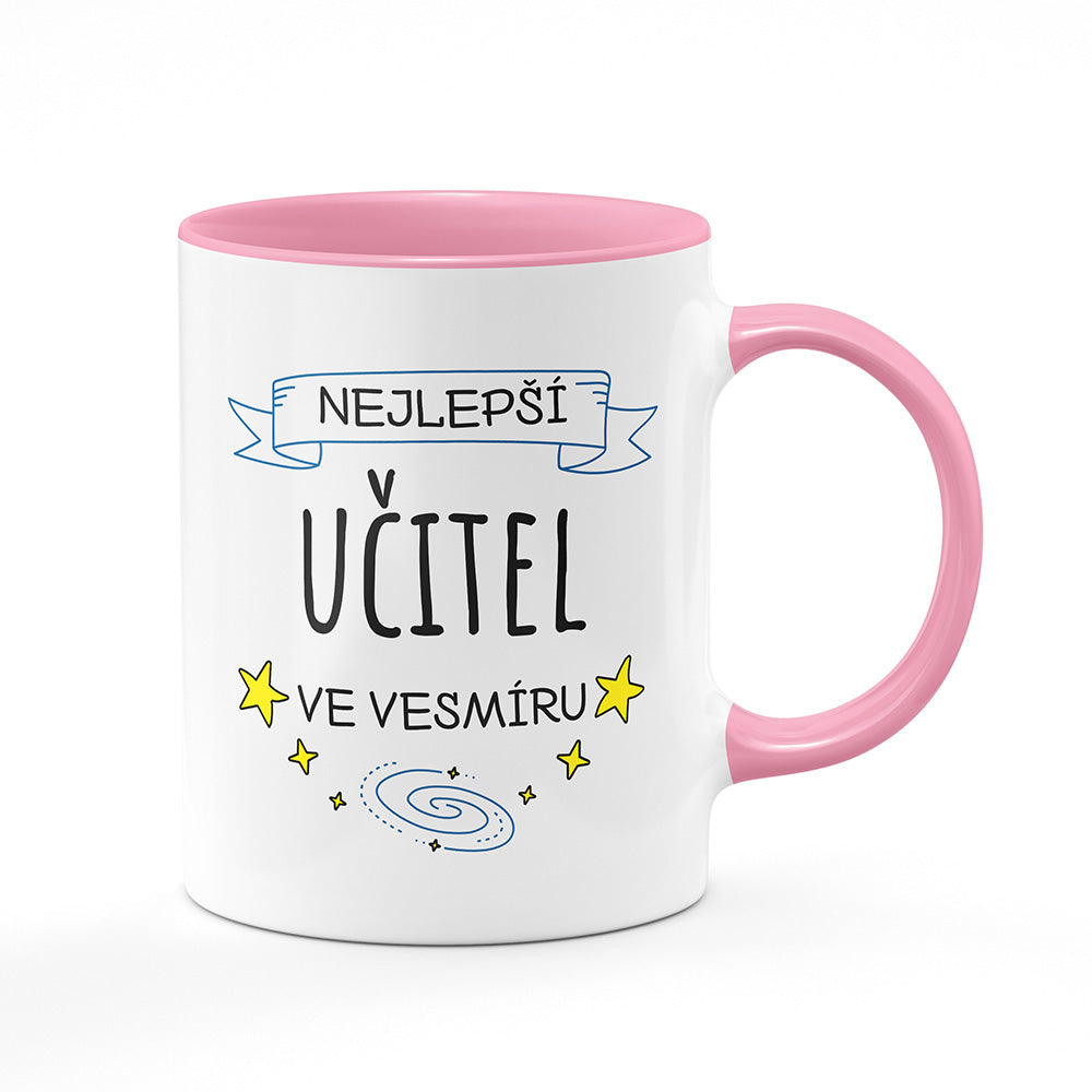 Keramický hrnek bílý s růžovým lemem vnitřkem a uchem motiv Nejlepší učitel ve vesmíru