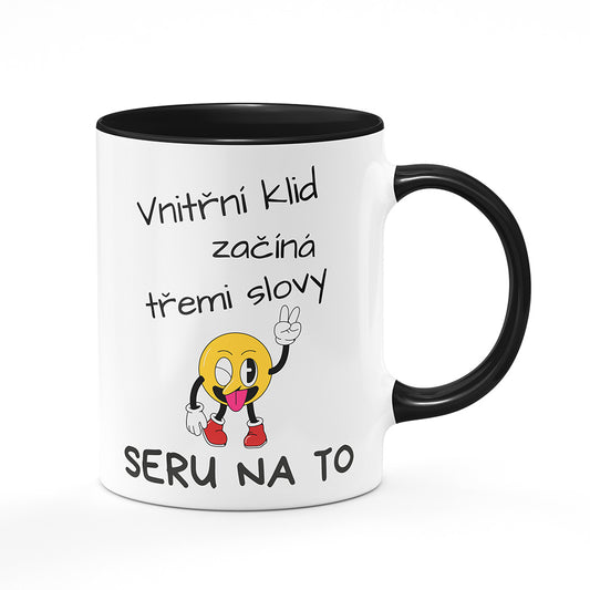 Keramický hrnek bílý s černým lemem vnitřkem a uchem motiv Vnitřní klid…