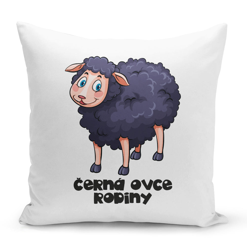 Bílý polštář 40 x 40 cm s motivem Černá ovce rodiny