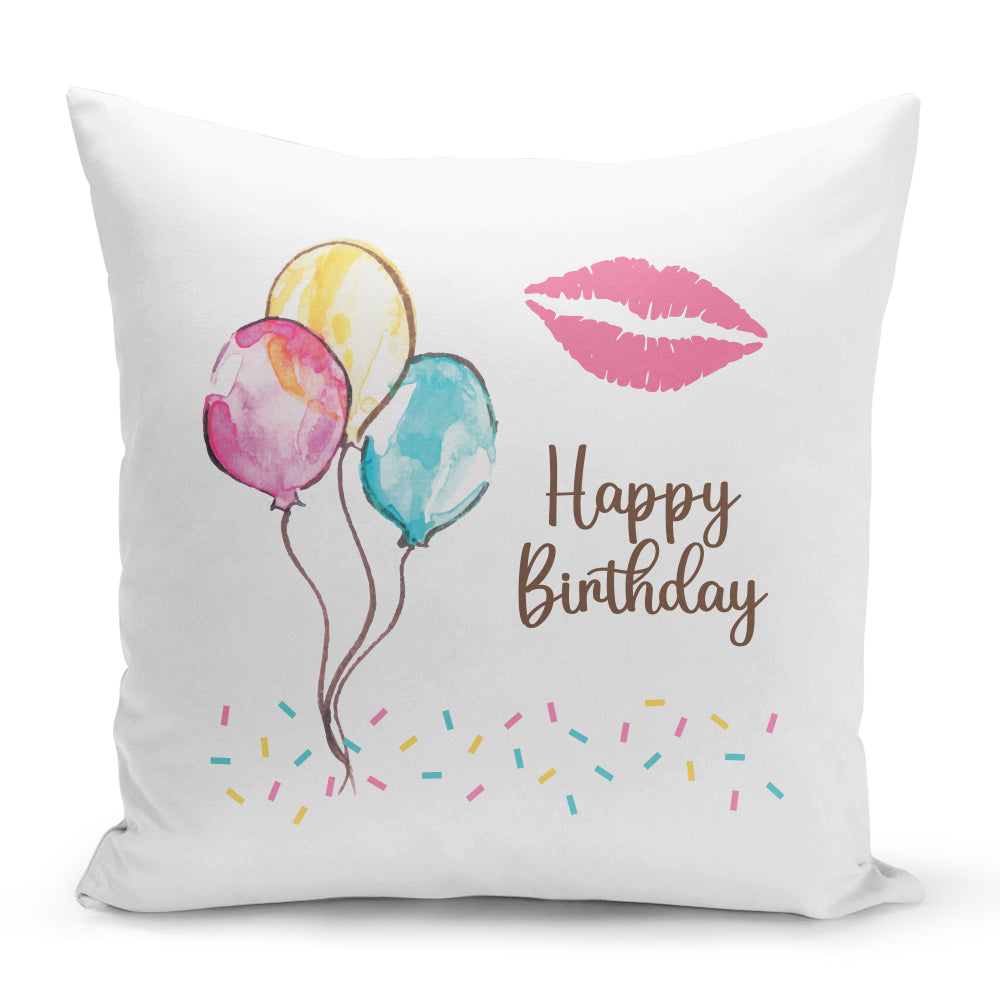 Bílý polštář 40 x 40 cm s motivem Happy Birthday