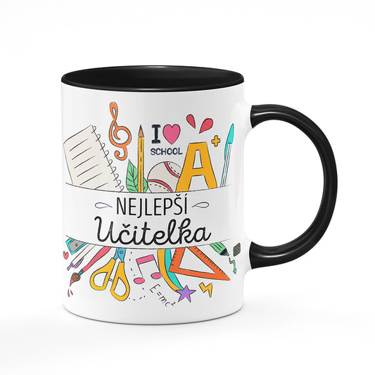 Keramický hrnek bílý s černým lemem vnitřkem a uchem motiv Nejlepší učitelka