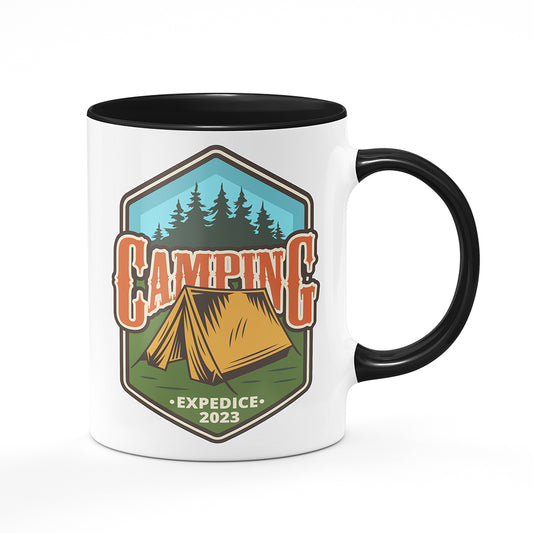 Keramický hrnek bílý s černým lemem vnitřkem a uchem motiv Camping