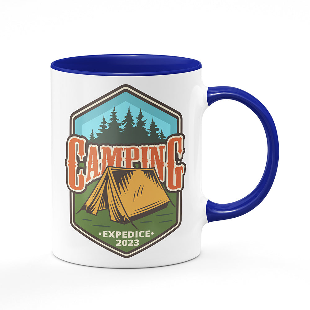 Keramický hrnek bílý s modrým lemem vnitřkem a uchem motiv Camping