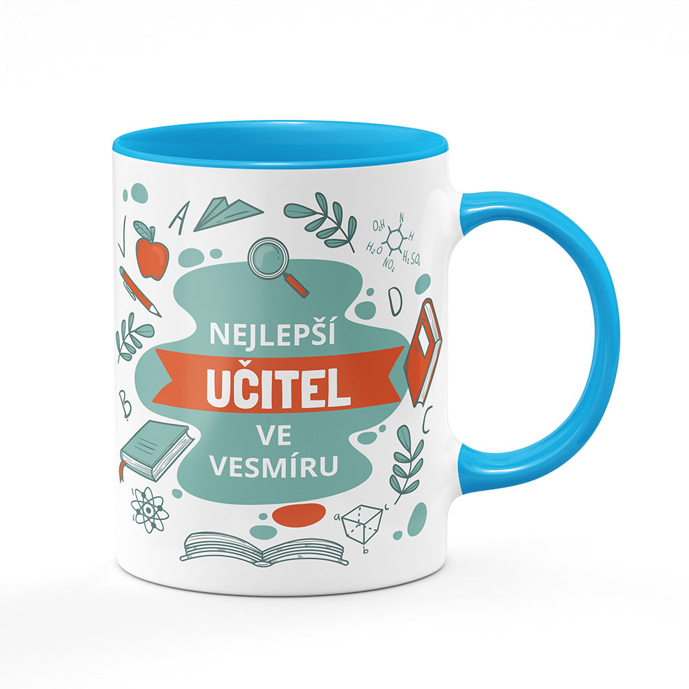 Keramický hrnek bílý s světle modrým lemem vnitřkem a uchem motiv Nejlepší učitel ve vesmíru