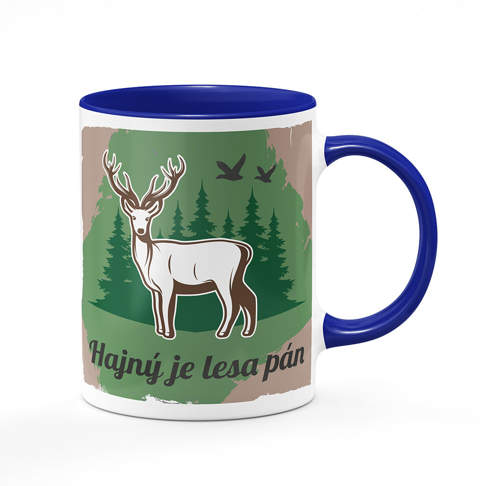 Keramický hrnek bílý s modrým lemem vnitřkem a uchem motiv Hajný je lesa pán