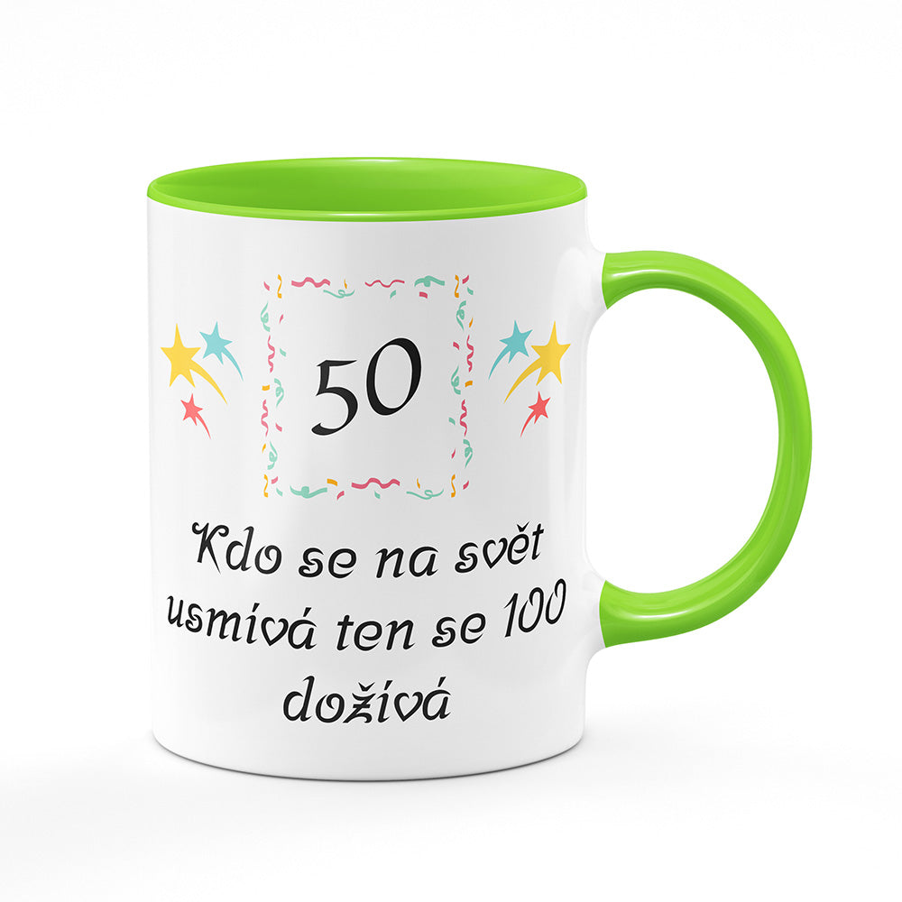 Keramický hrnek bílý s světle zeleným lemem vnitřkem a uchem motiv Kdo se na svět usmívá…
