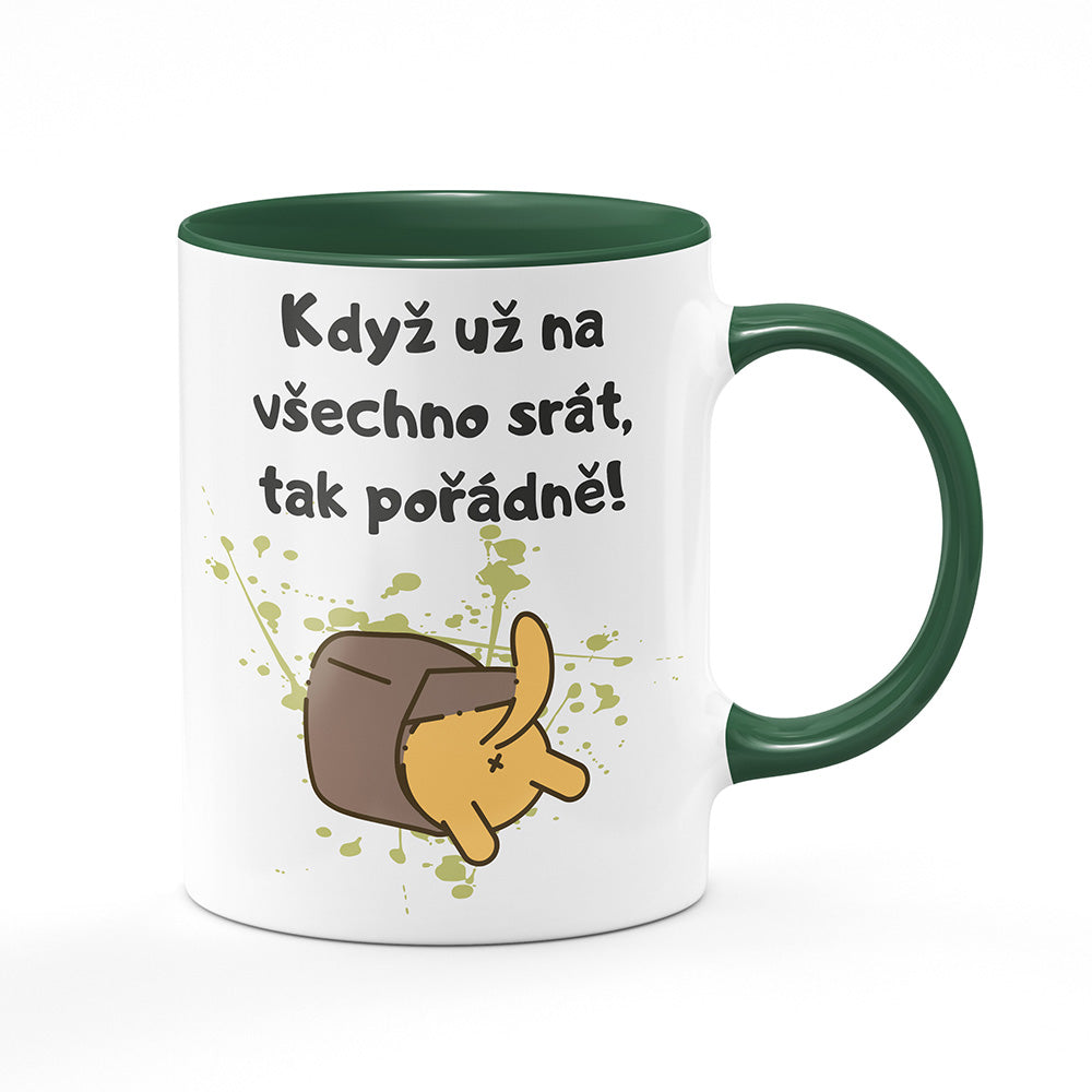 Keramický hrnek bílý s zeleným lemem vnitřkem a uchem motiv Když už na všechno…