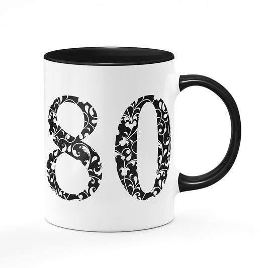 Keramický hrnek bílý s černým lemem vnitřkem a uchem motiv Věk 80