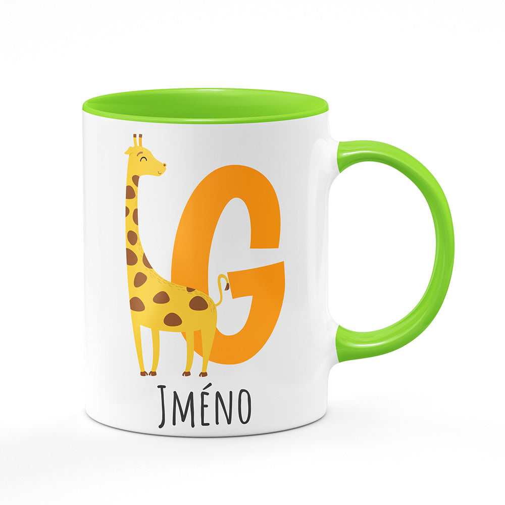 Keramický hrnek bílý s světle zeleným lemem vnitřkem a uchem motiv Se jménem G…