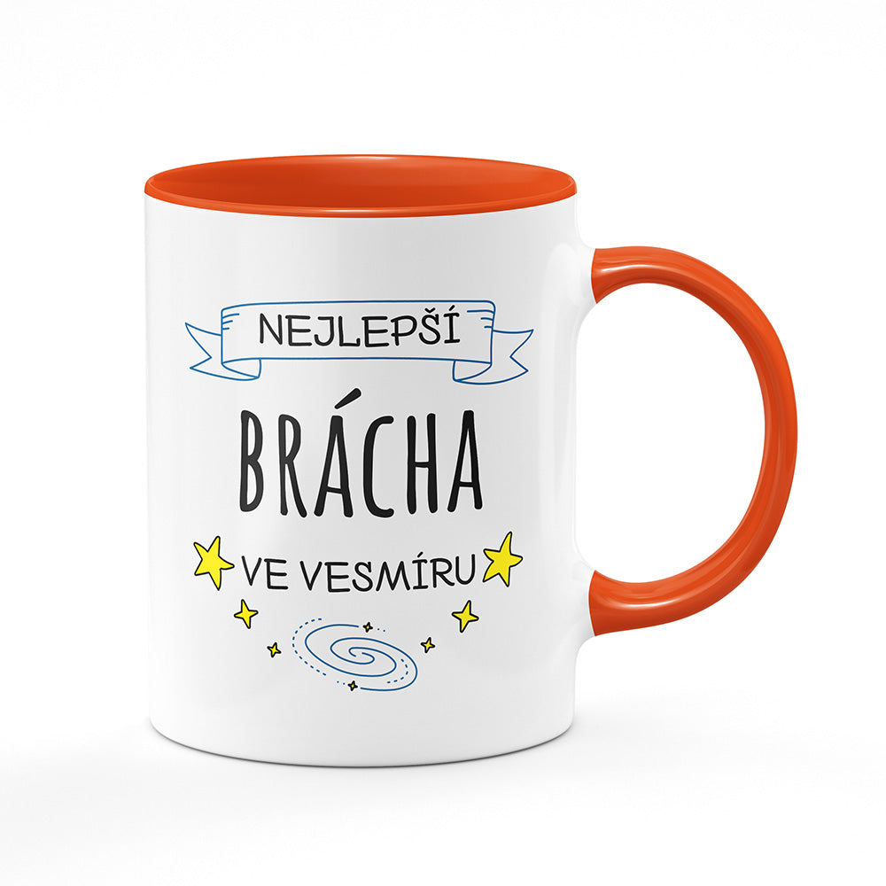 Keramický hrnek bílý s oranžovým lemem vnitřkem a uchem motiv Nejlepší brácha ve vesmíru