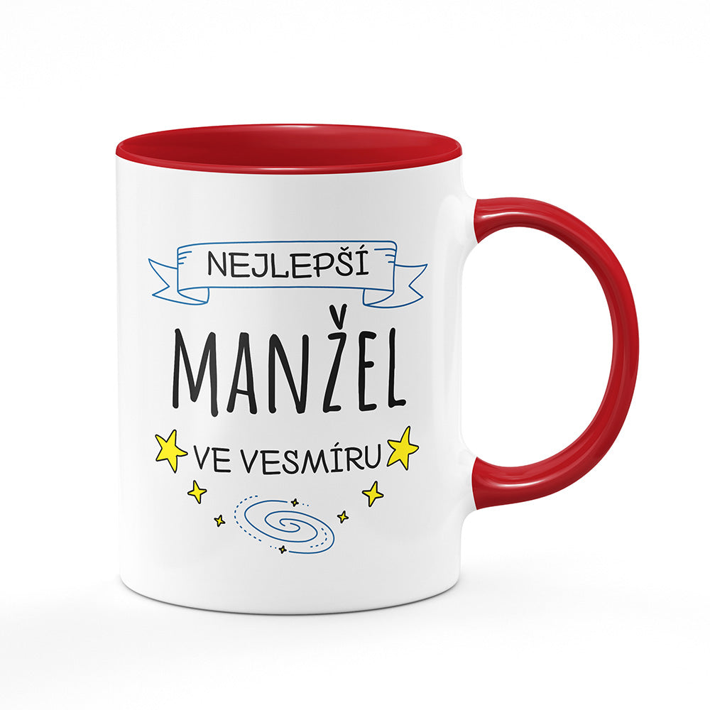 Keramický hrnek bílý s červeným lemem vnitřkem a uchem motiv Nejlepší manžel ve vesmíru