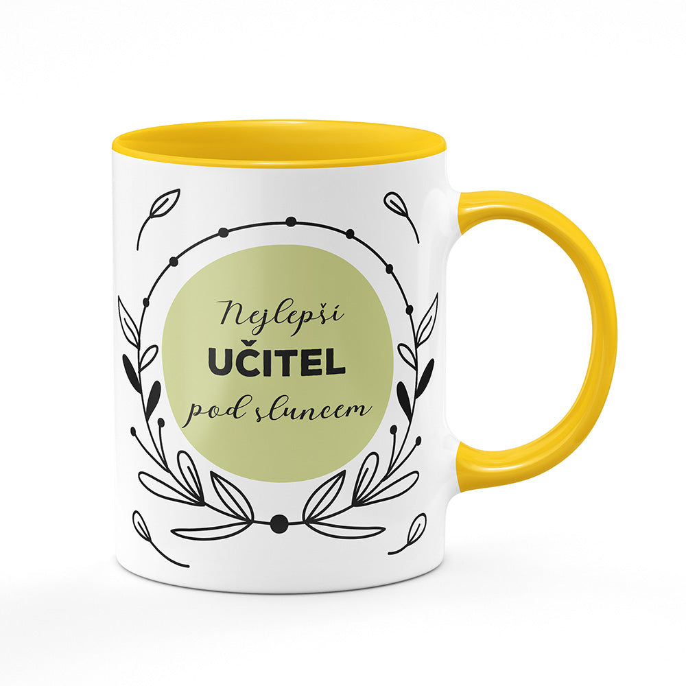 Keramický hrnek bílý s žlutým lemem vnitřkem a uchem motiv Nejlepší učitel pod sluncem