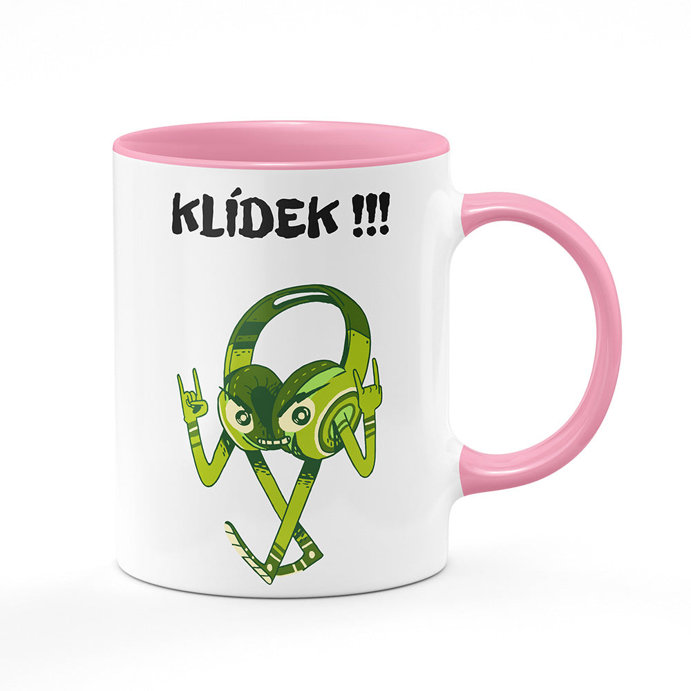 Keramický hrnek bílý s růžovým lemem vnitřkem a uchem motiv Hudební maniak