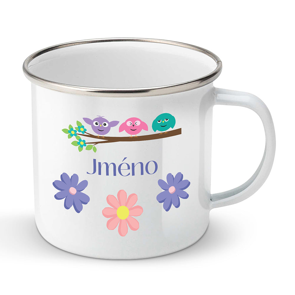 Smaltovaný plecháček motiv Veselí ptáčci - jméno