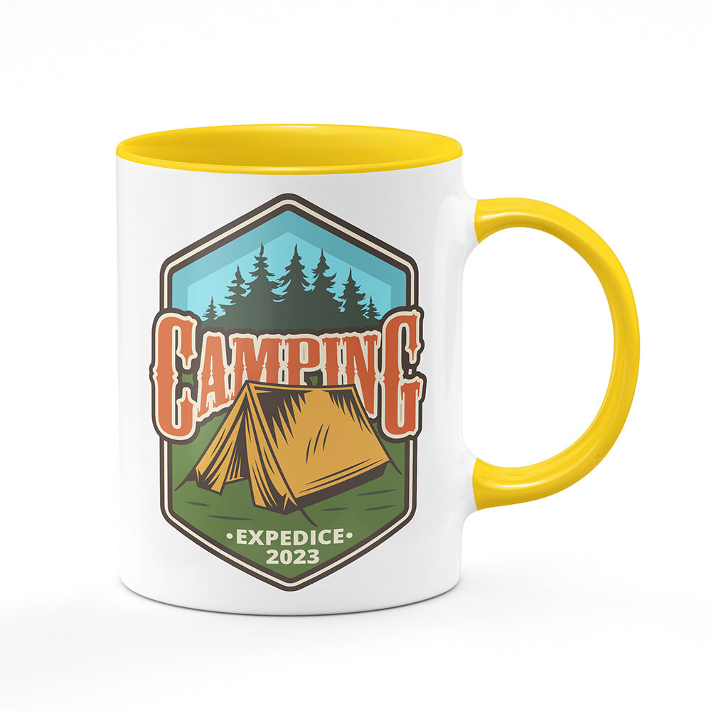 Keramický hrnek bílý s žlutým lemem vnitřkem a uchem motiv Camping