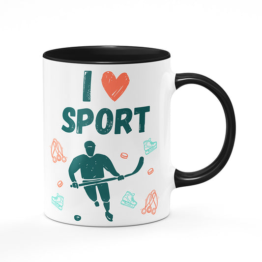 Keramický hrnek bílý s černým lemem vnitřkem a uchem motiv Hokej