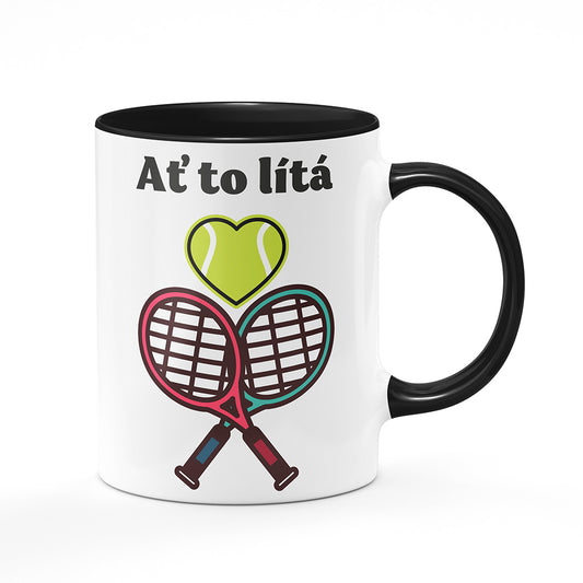 Keramický hrnek bílý s černým lemem vnitřkem a uchem motiv Tenis