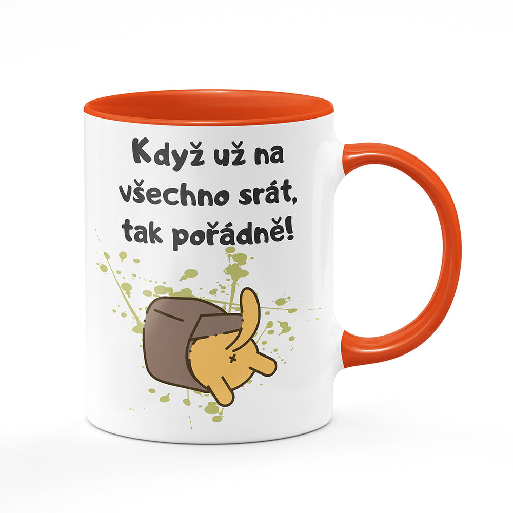 Keramický hrnek bílý s oranžovým lemem vnitřkem a uchem motiv Když už na všechno…