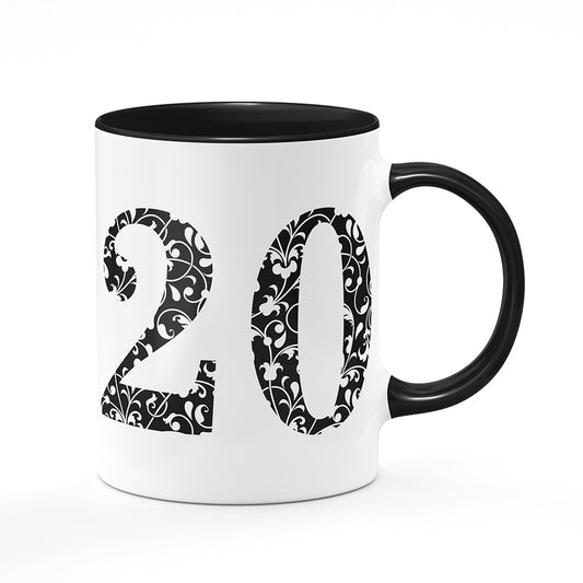 Keramický hrnek bílý s černým lemem vnitřkem a uchem motiv Věk 20