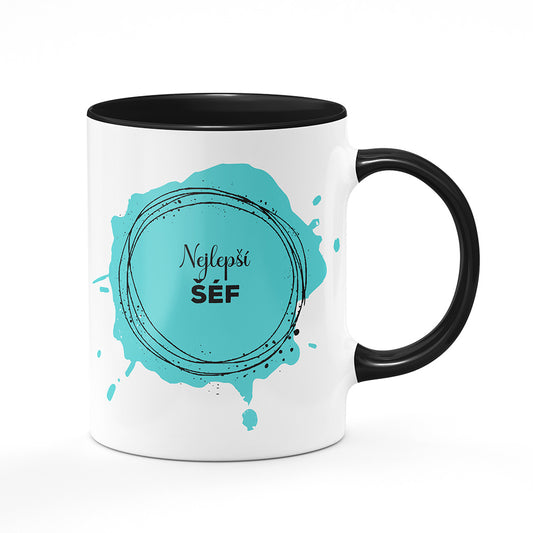 Keramický hrnek bílý s černým lemem vnitřkem a uchem motiv Nejlepší šéf