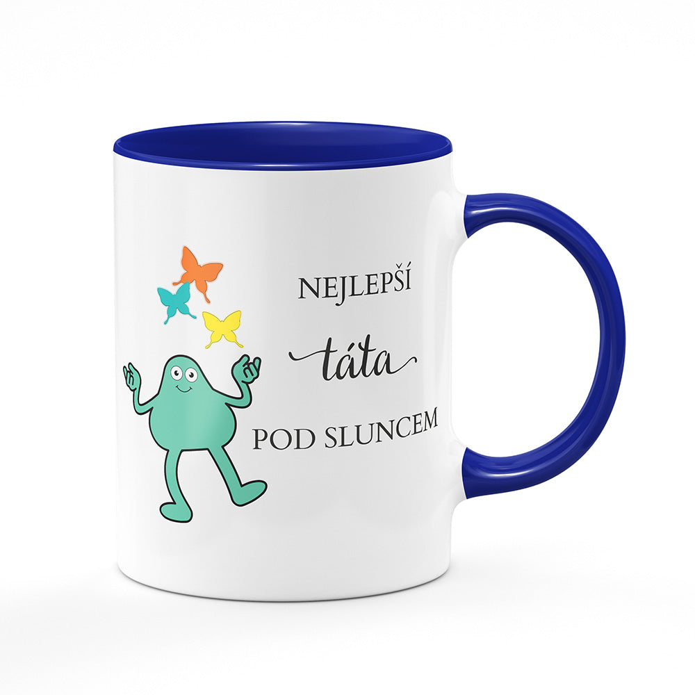 Keramický hrnek bílý s modrým lemem vnitřkem a uchem motiv Nejlepší táta pod sluncem